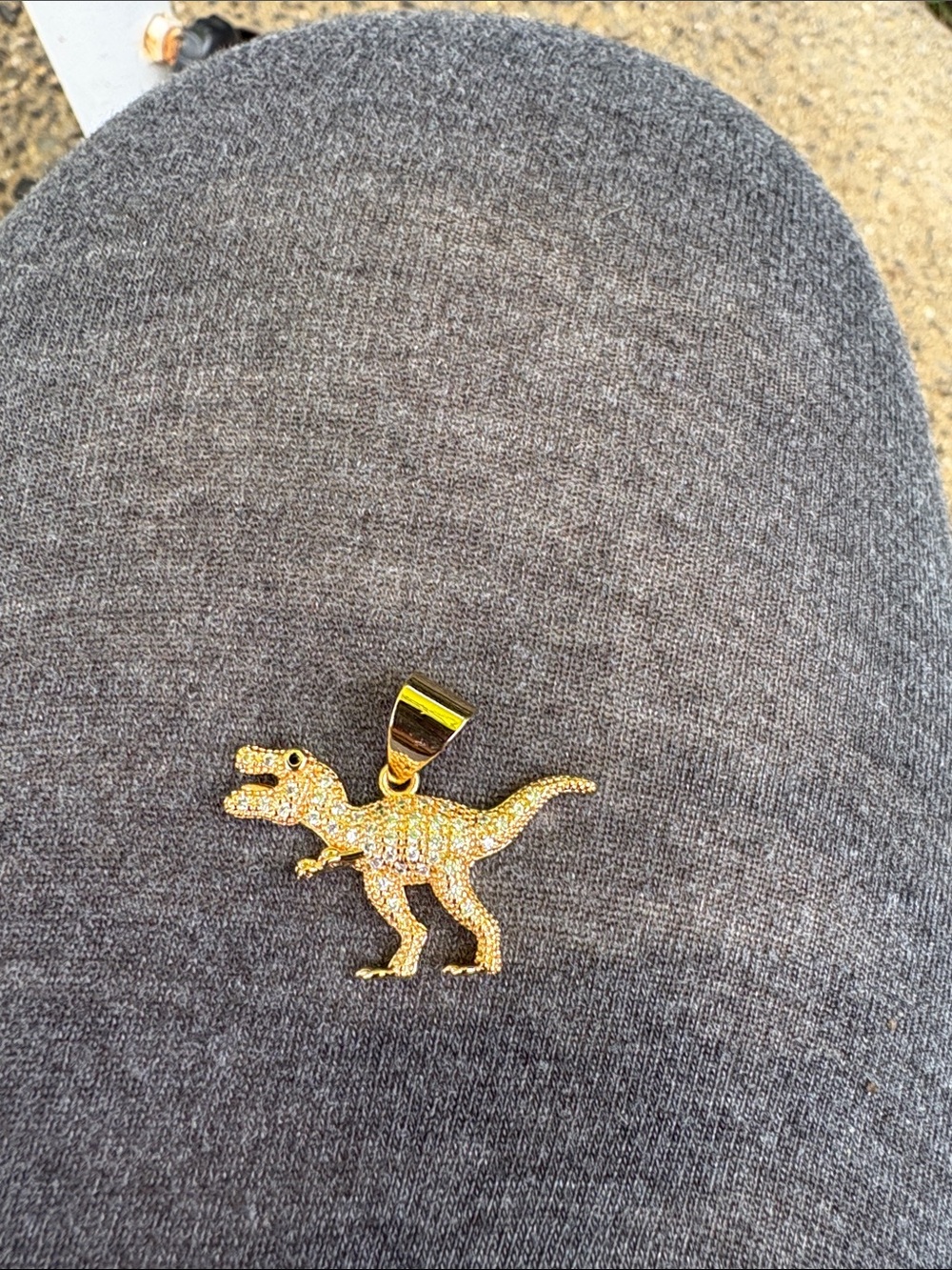 Kids Gold Dinosaur Charm Pendant - Sparkling T-Rex Accent